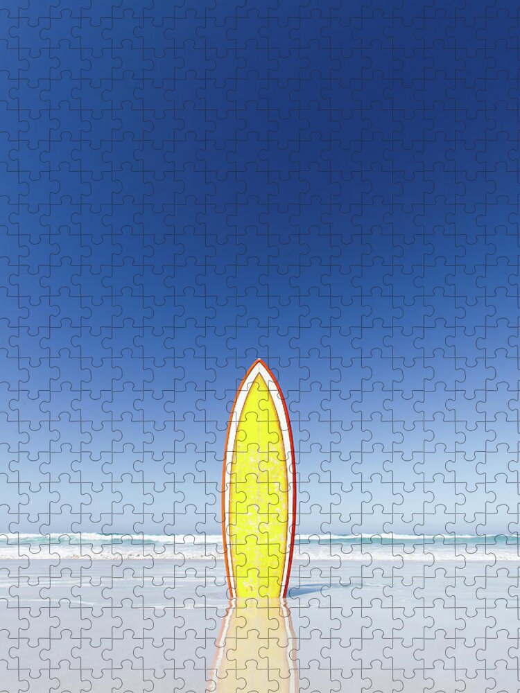 Tranquility Jigsaw Puzzle featuring the photograph Retro Yellow Surf Board And Blue Sky by John White Photos