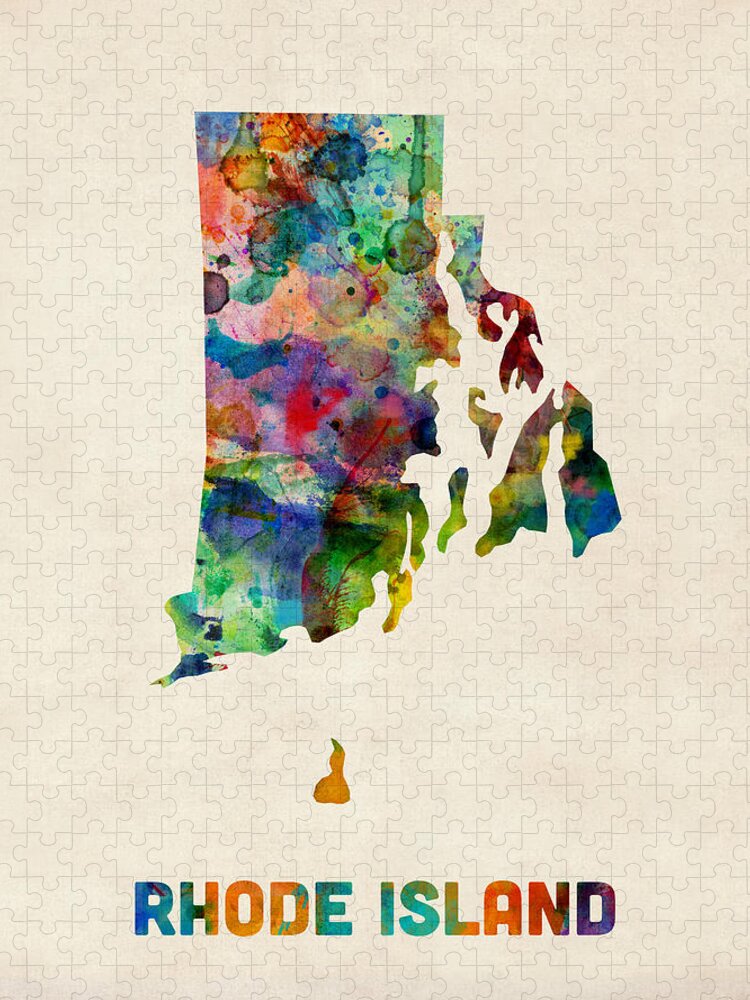 United States Map Jigsaw Puzzle featuring the digital art Rhode Island Watercolor Map by Michael Tompsett