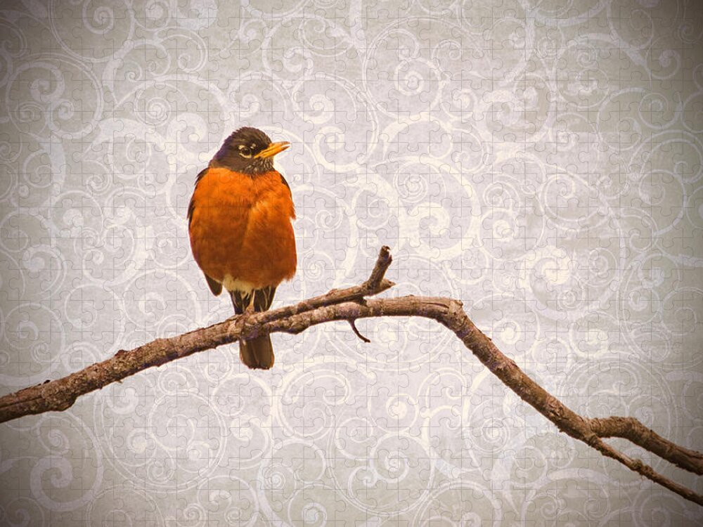 Robin Jigsaw Puzzle featuring the photograph Robin with Damask Background by Peggy Collins