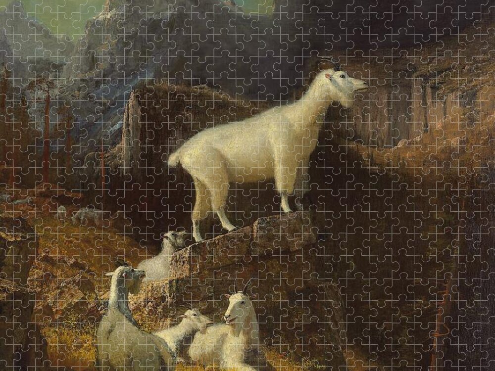 Landscape; Romantic; Romanticist; America; North America; American; North American;landscape; Rural; Countryside; Wilderness; Scenic; Picturesque; Atmospheric; Rocky Mountains; Rockies; Mountain; Mountains; Mountainous; Wildlife; Species; Mountain Goat; Mountain Goats; Goat; Goats; Wild; Rugged; Peaks; Dramatic; Animal; Animals; Wild Animal; Wild Animals Jigsaw Puzzle featuring the painting Rocky Mountain Goats by Albert Bierstadt