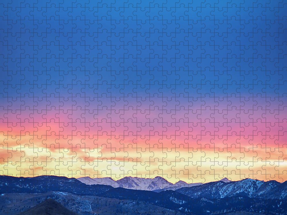 Winter Jigsaw Puzzle featuring the photograph Rocky Mountain Sunset Clouds Burning Layers by James BO Insogna