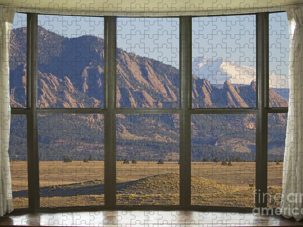 Window Jigsaw Puzzle featuring the photograph Rocky Mountains Flatirons with Snow Longs Peak Bay Window View by James BO Insogna