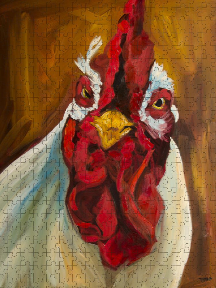 Rooster Art Jigsaw Puzzle featuring the painting Rooster Face by Diane Whitehead