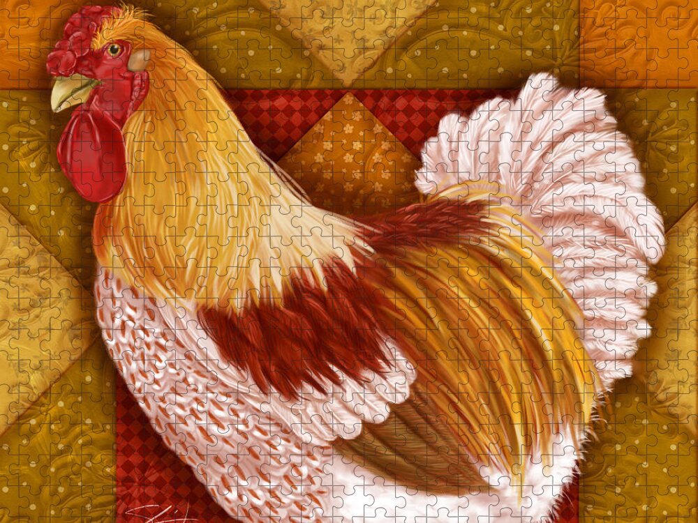 Rooster Jigsaw Puzzle featuring the mixed media Rooster on a Quilt I by Shari Warren