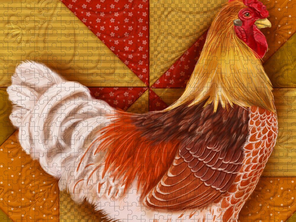 Rooster Jigsaw Puzzle featuring the mixed media Rooster on a Quilt II by Shari Warren