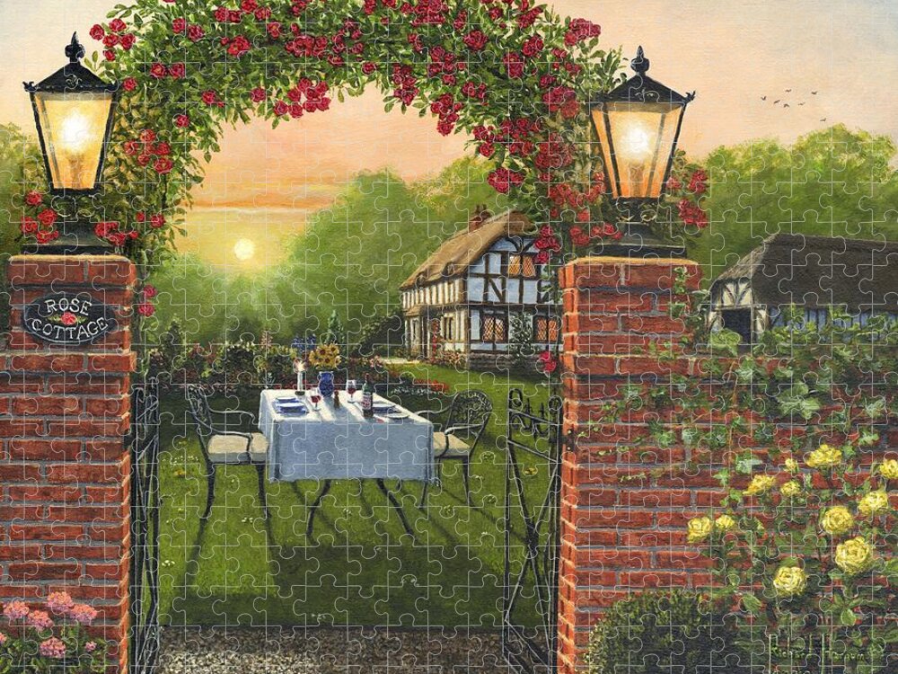 Landscape Jigsaw Puzzle featuring the painting Rose Cottage - Dinner for Two by Richard Harpum