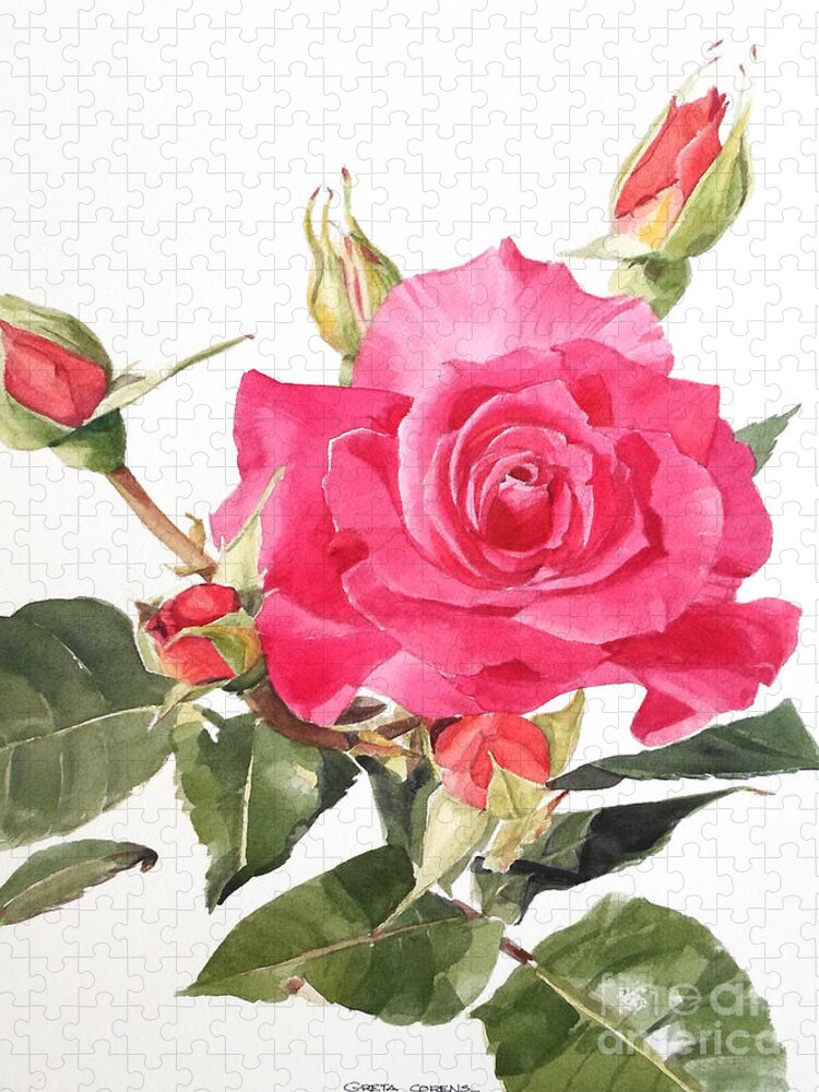 Greta Corens Artist Jigsaw Puzzle featuring the painting Watercolor Red Rose Margaret by Greta Corens