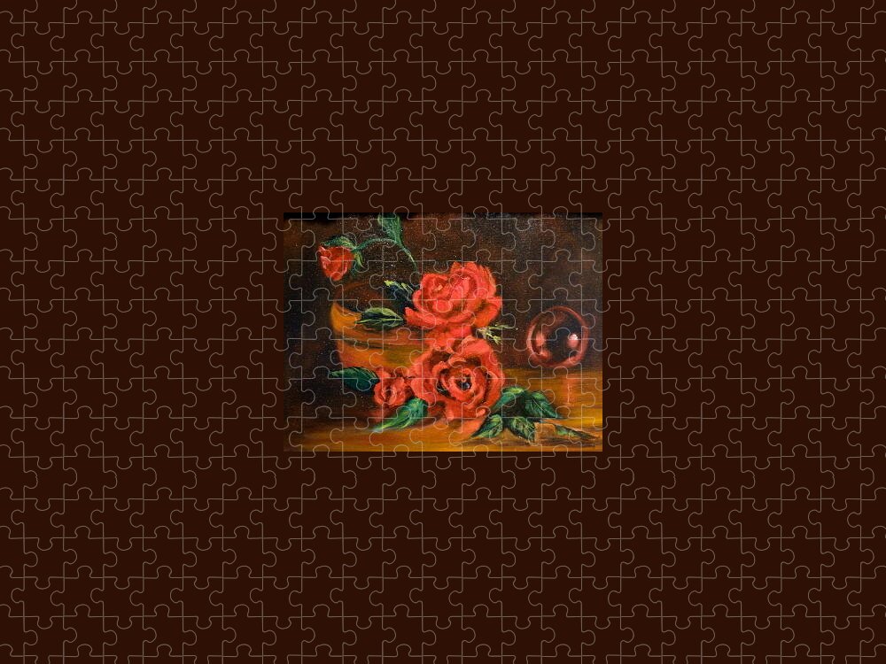  Red Roses Jigsaw Puzzle featuring the painting Roses are Red by Jenny Lee