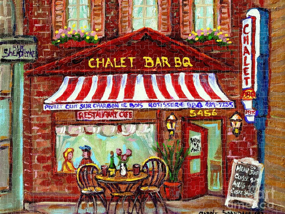 Montreal Jigsaw Puzzle featuring the painting ROTISSERIE LE CHALET BBQ RESTAURANT PAINTINGS STOREFRONTS STREET SCENES DINERS MONTREAL ART CSpANDAU by Carole Spandau