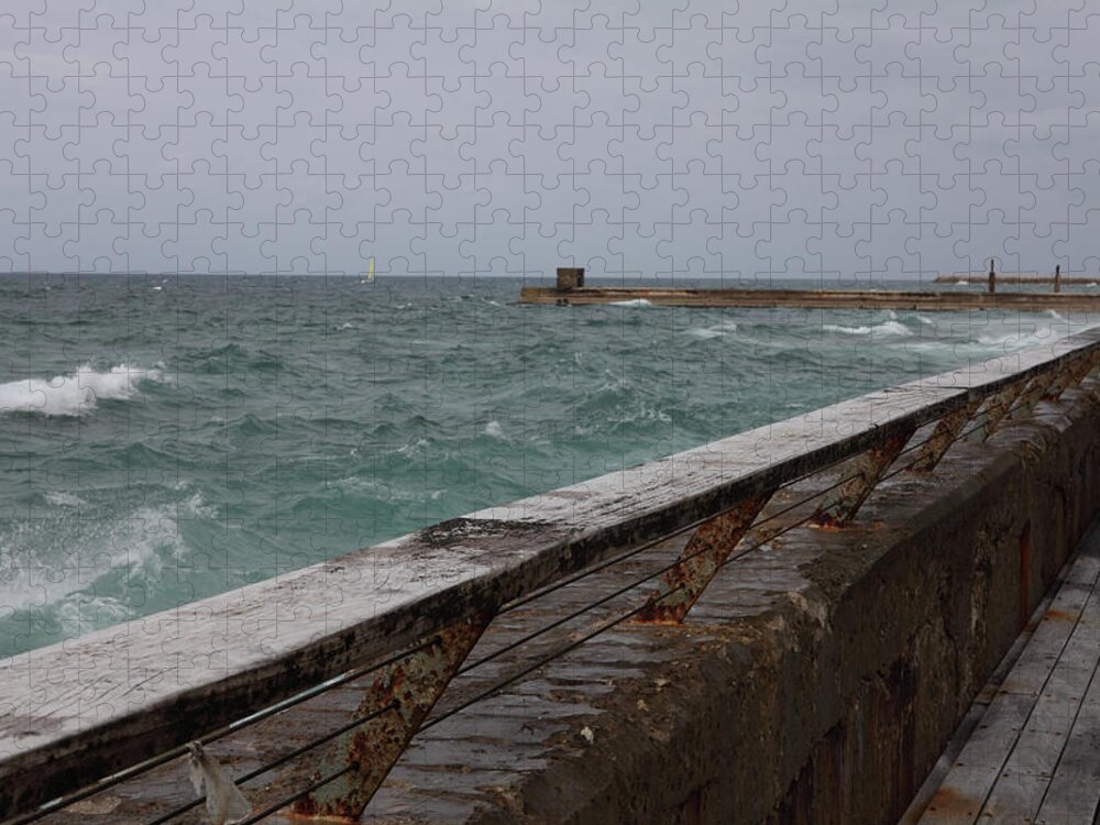 Tranquility Jigsaw Puzzle featuring the photograph Rough Sea In Tel Aviv by Dan Porges