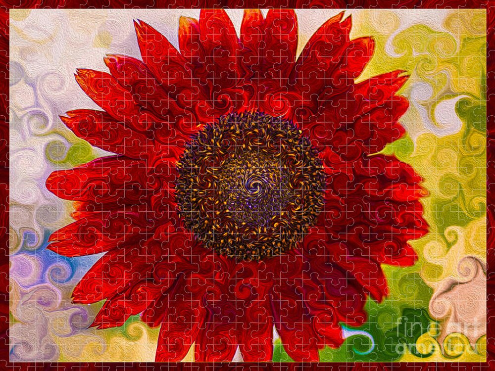 Abstract Jigsaw Puzzle featuring the painting Royal Red Sunflower by Omaste Witkowski