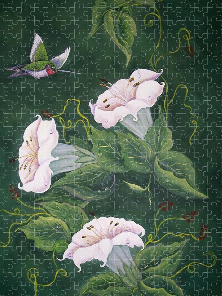 Hummingbird Jigsaw Puzzle featuring the painting Hummingbird and Lilies by Sharon Duguay