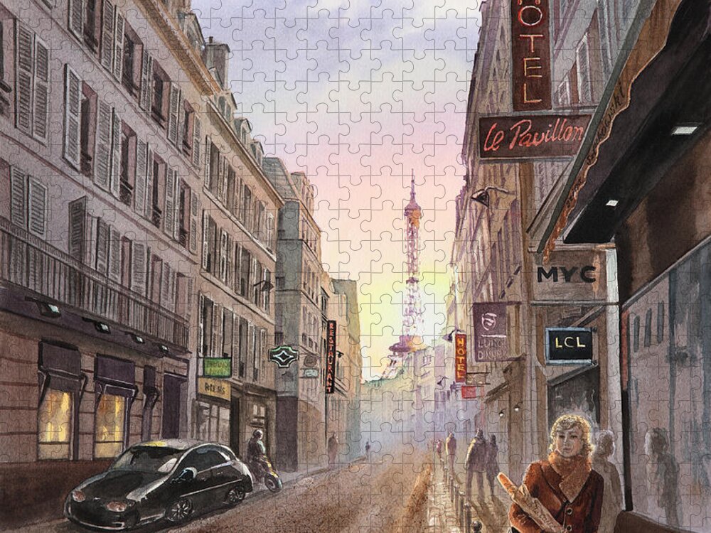 Paris Jigsaw Puzzle featuring the painting Rue Saint Dominique Sunset Through Eiffel Tower  by Irina Sztukowski