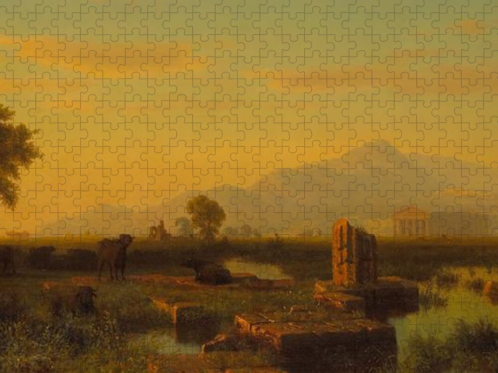 Paestum; Ruin; Ruins; Remains; Classical; Roman; Greco-roman; Greek; Architecture; Temple; Columns; Landscape; View; Italy; Italian; Campania; Sunset; Sundown; Dusk; Cow; Cows; Cattle; Male; Horse; Horseback; Riding; Mountains; Mountainous; Setting Sun; Evening Jigsaw Puzzle featuring the painting Ruins of Paestum by Albert Bierstadt