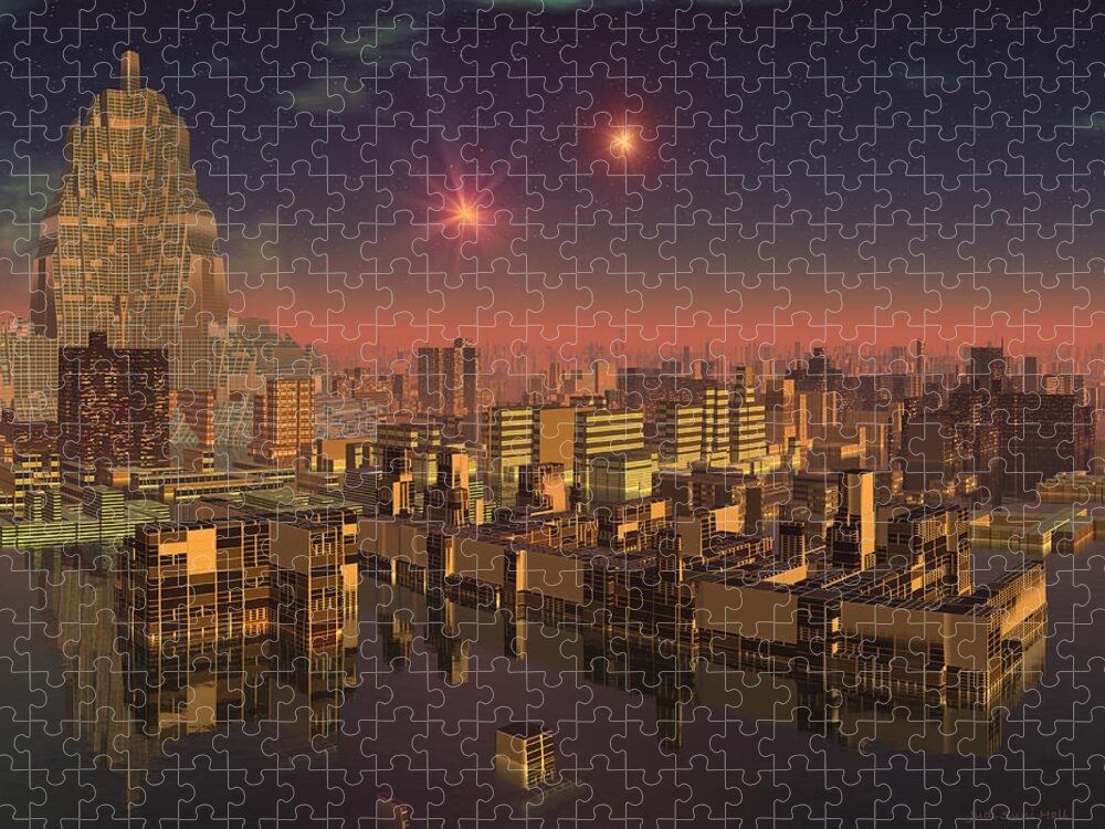 Sci Fi Jigsaw Puzzle featuring the digital art Rujjipet Sunset Alien Cityscape by Judi Suni Hall
