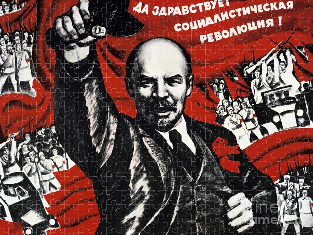 Red Jigsaw Puzzle featuring the drawing Russian Revolution October 1917 Vladimir Ilyich Lenin Ulyanov 1870 1924 Russian revolutionary by Anonymous