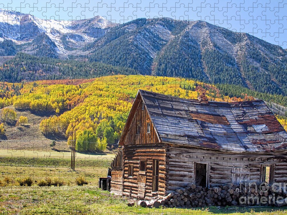 Aspens Jigsaw Puzzle featuring the photograph Rustic Rural Colorado Cabin Autumn Landscape by James BO Insogna
