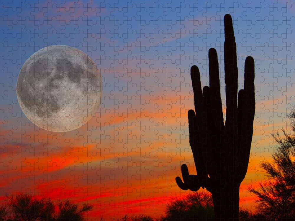Sunrise Jigsaw Puzzle featuring the photograph Saguaro Full Moon Sunset by James BO Insogna