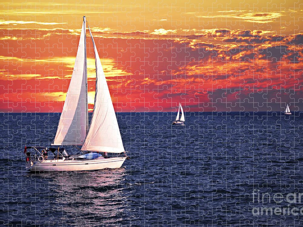 Boat Jigsaw Puzzle featuring the photograph Sailboats at sunset by Elena Elisseeva