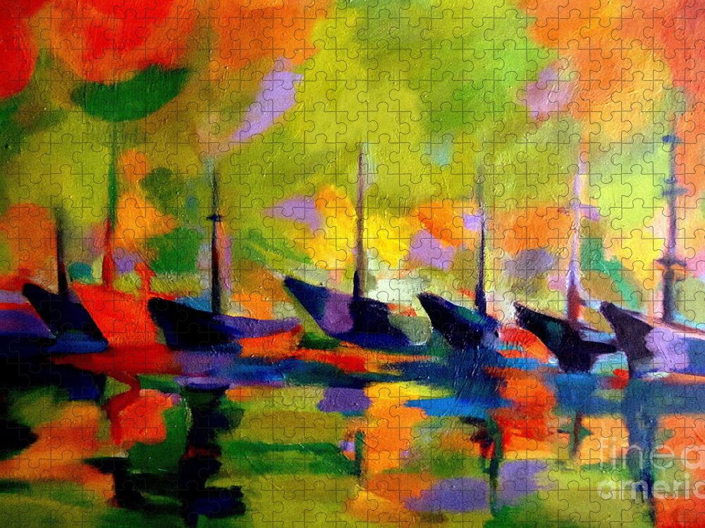 Seascape Paintings Jigsaw Puzzle featuring the painting Sailing boats by the river by Helena Wierzbicki