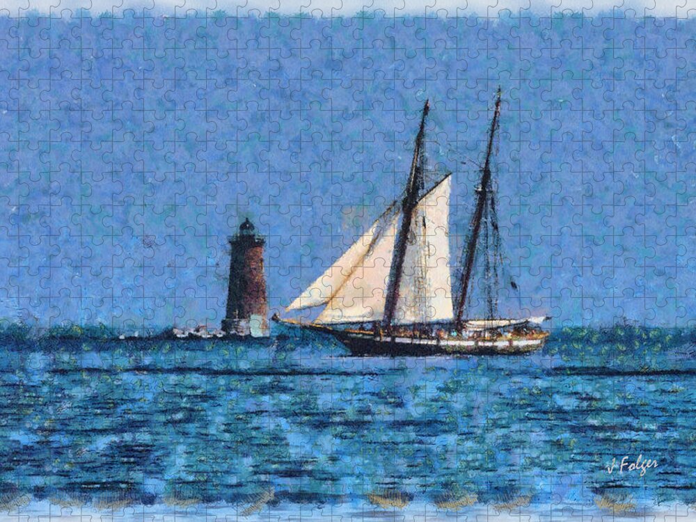 New Castle Jigsaw Puzzle featuring the photograph Sailing past Whaleback Lighthouse by Jeff Folger