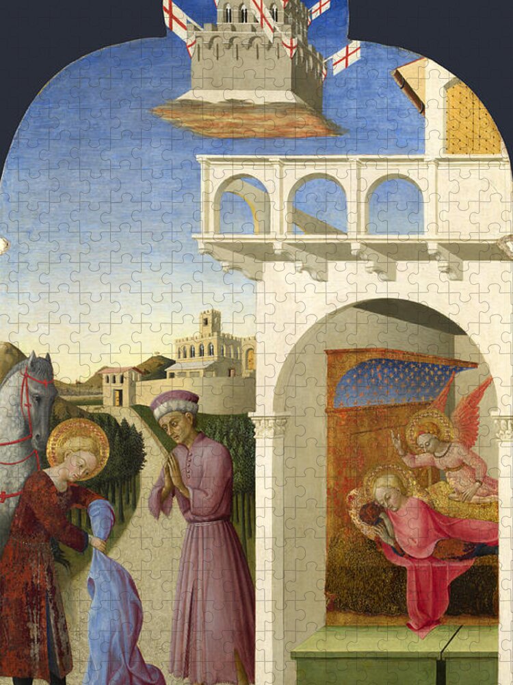 Sassetta Jigsaw Puzzle featuring the painting Saint Francis and the Poor Knight and Francis Vision by Sassetta