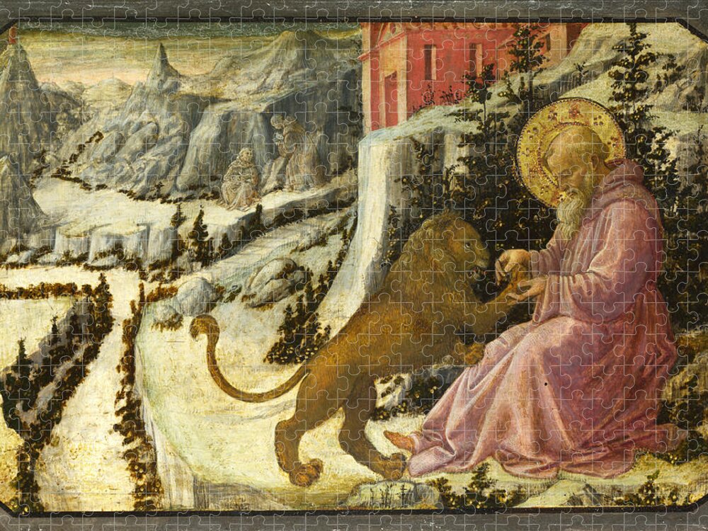 Fra Filippo Lippi And Workshop Jigsaw Puzzle featuring the painting Saint Jerome and the Lion - Predella Panel by Fra Filippo Lippi and Workshop