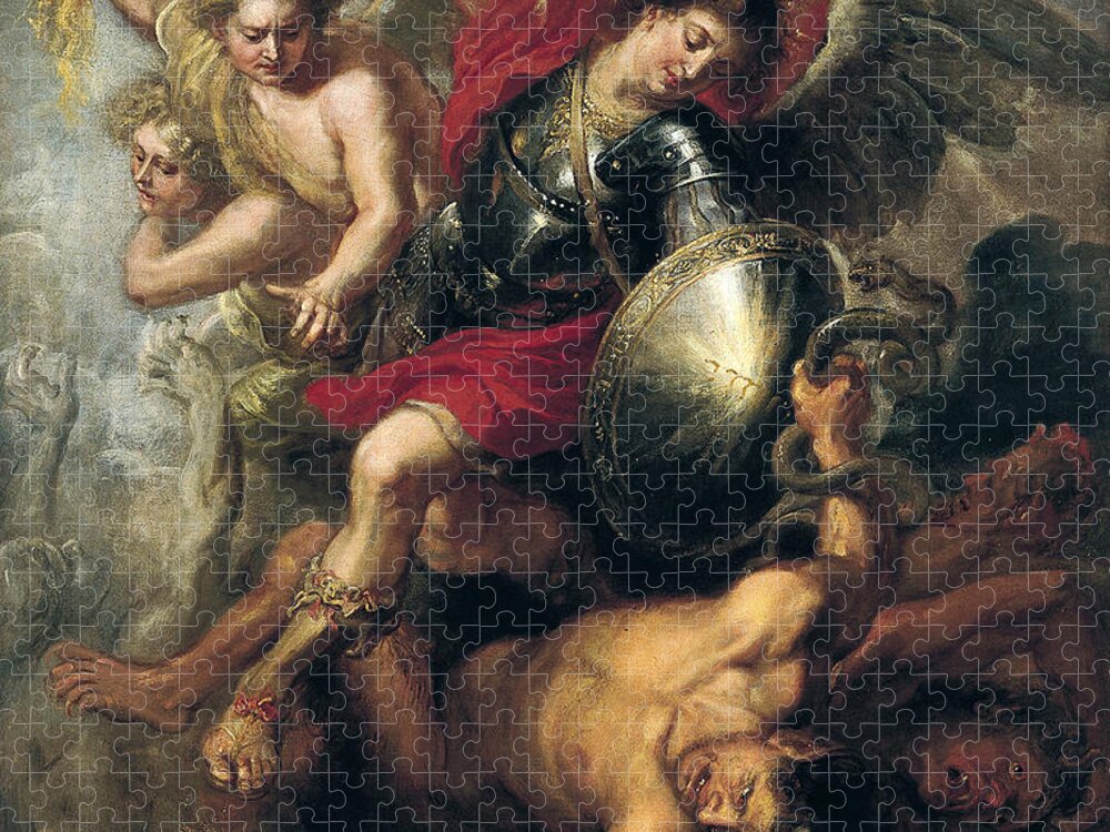 Workshop Of Rubens Jigsaw Puzzle featuring the painting Saint Michael expelling Lucifer and the Rebellious Angels by Workshop of Rubens