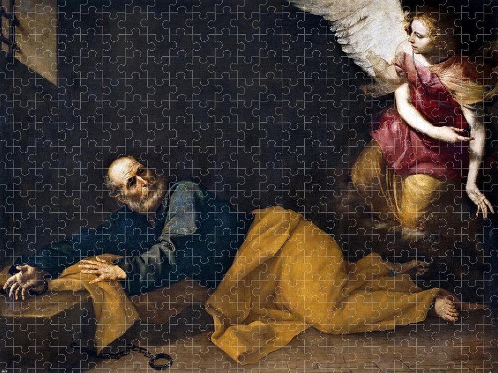 Jusepe De Ribera Jigsaw Puzzle featuring the painting Saint Peter Freed by an Angel by Jusepe de Ribera