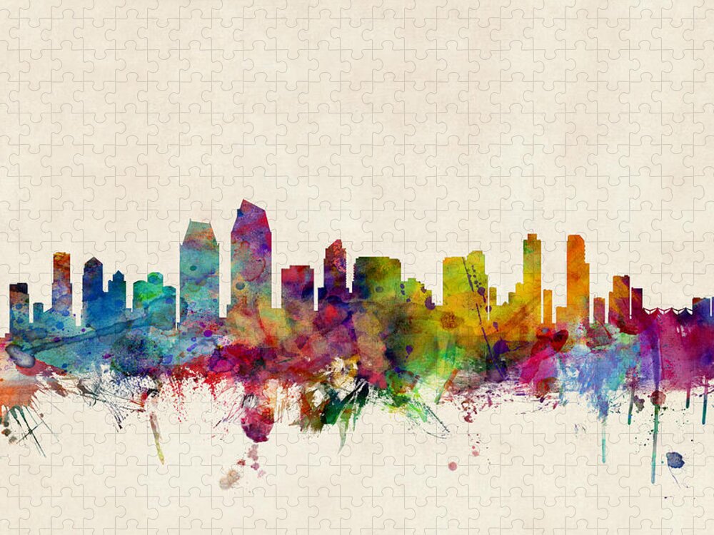 Watercolour Jigsaw Puzzle featuring the digital art San Diego Skyline by Michael Tompsett