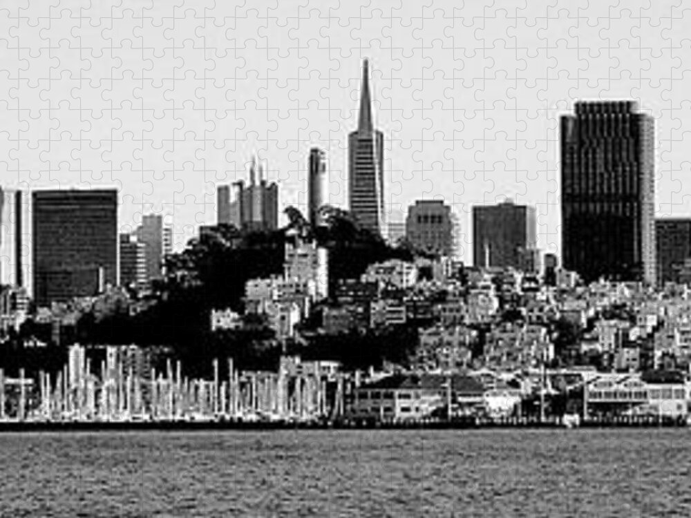 San Jigsaw Puzzle featuring the photograph San Fran Skyline Panorama Black And White by Benjamin Yeager