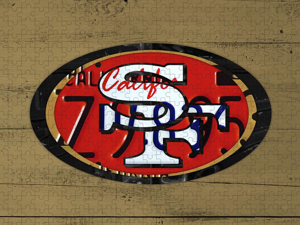 San Jigsaw Puzzle featuring the mixed media San Francisco 49ers Football Team Retro Logo California License Plate Art by Design Turnpike