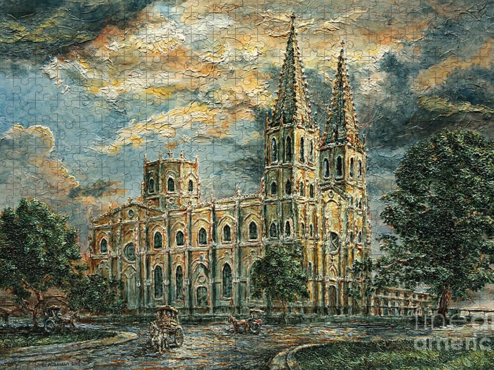 Churches Jigsaw Puzzle featuring the painting San Sebastian Church 1800s by Joey Agbayani