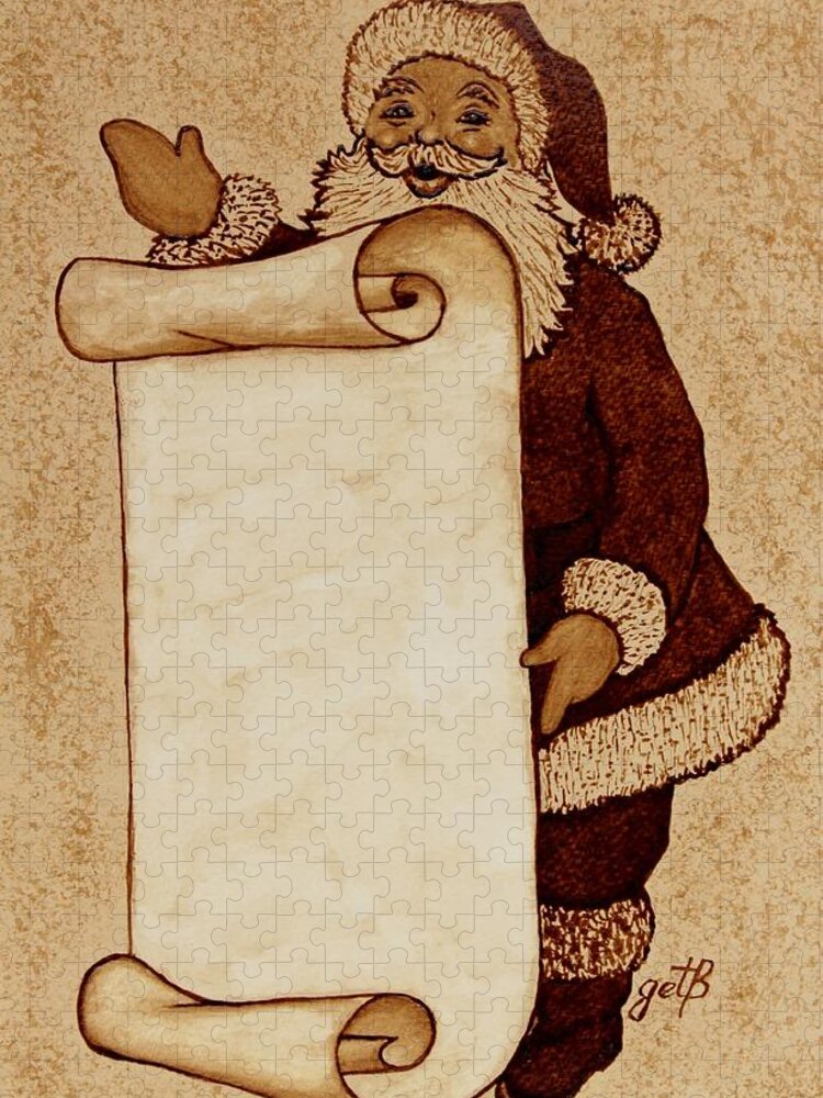 Santa Coffee Art Jigsaw Puzzle featuring the painting Santa Claus Wishlist original coffee painting by Georgeta Blanaru