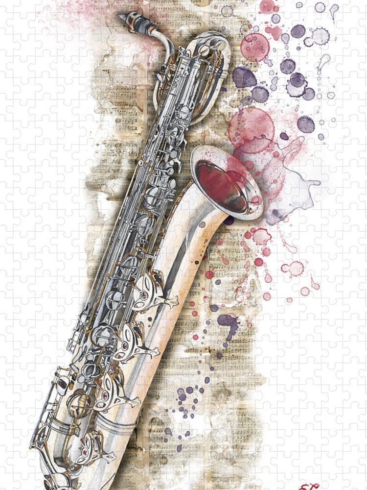 Jazz Jigsaw Puzzle featuring the painting Saxophone 01 - Elena Yakubovich by Elena Daniel Yakubovich