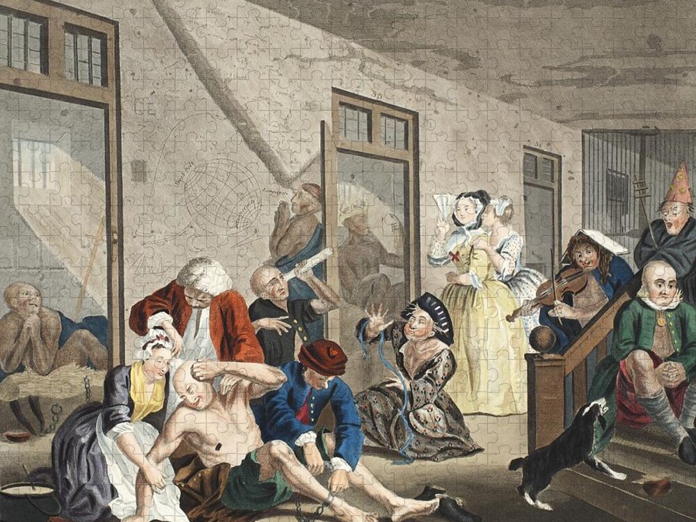 Interior Jigsaw Puzzle featuring the drawing Scene In Bedlam, Plate Viii, From A by William Hogarth