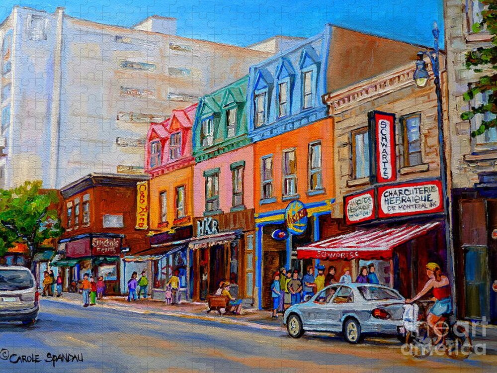 Montreal Jigsaw Puzzle featuring the painting Schwartzs Deli Montreal Street Scene by Carole Spandau
