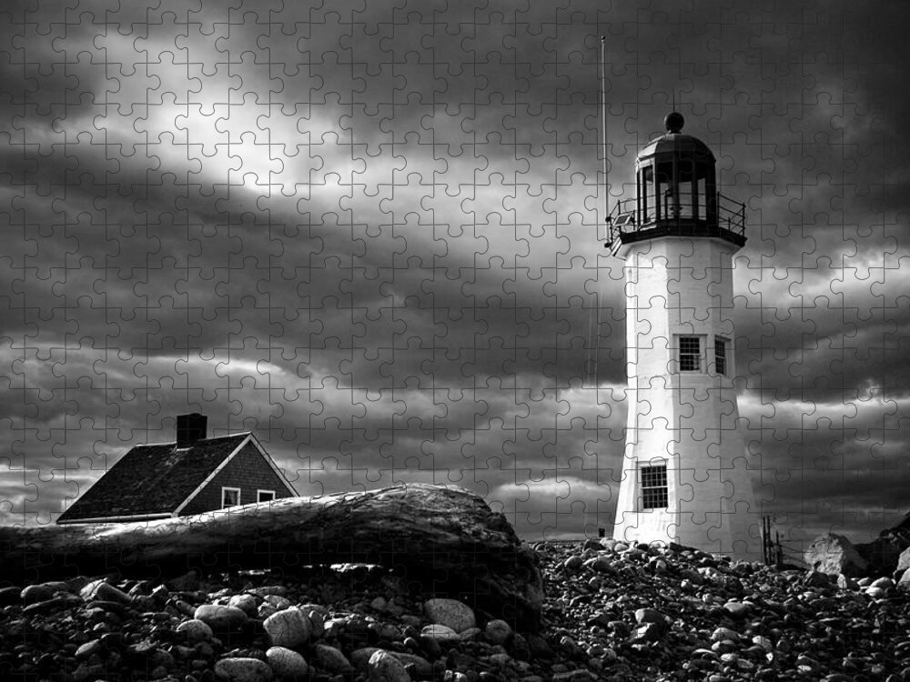 Scituate Lighthouse Jigsaw Puzzle featuring the photograph Scituate lighthouse under a stormy sky by Jeff Folger
