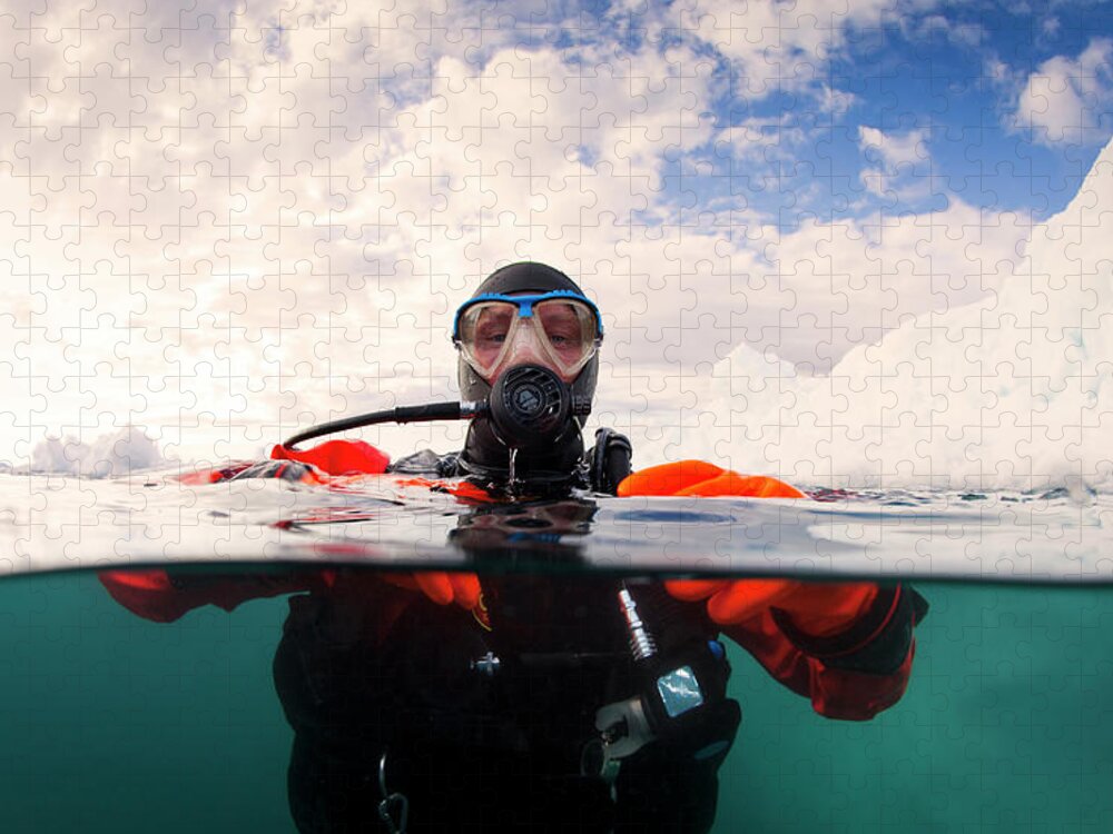Mature Adult Jigsaw Puzzle featuring the photograph Scuba Diver Next To An Iceberg - Split by Justin Lewis