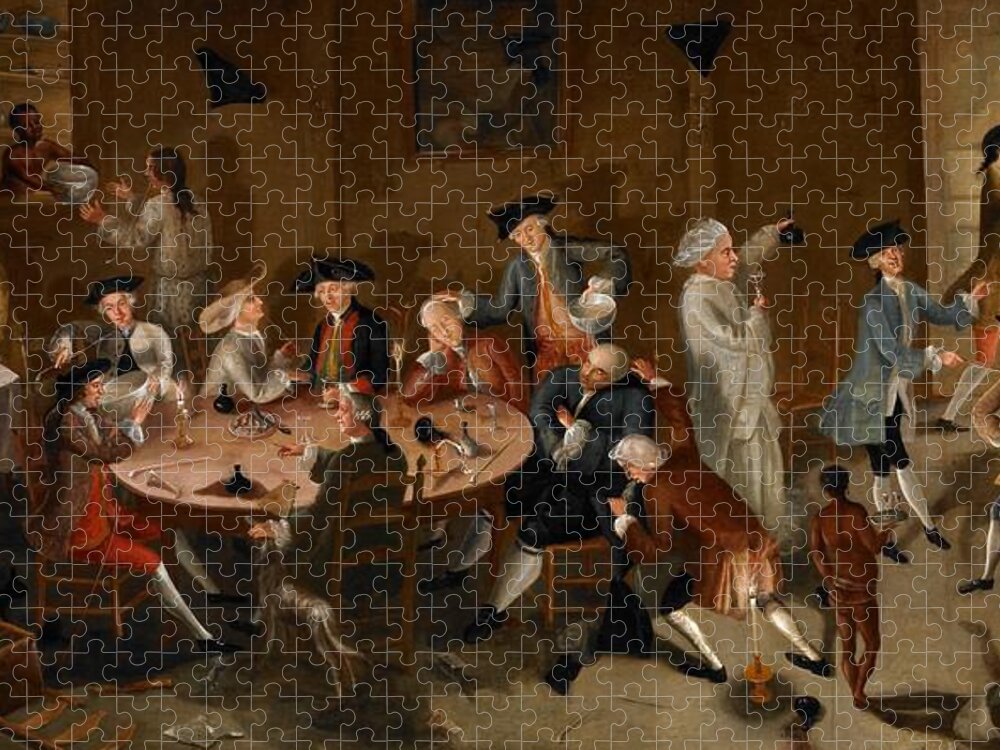 Sea;captain;captains;carousing;cavorting;revelry;surinam;suriname;south America;colonial;colony;drink;drinking;smoking;pipe;pipes;costume;fashion;georgian Era;tricorne;tricornes;hat;hats;cards;playing;gambling;indoor Games;interior;inn;tavern Jigsaw Puzzle featuring the painting Sea Captains Carousing in Surinam by John Greenwood