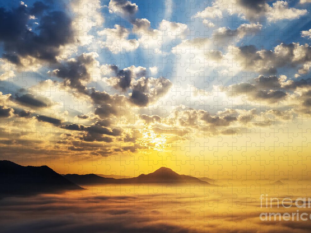 Thailand Jigsaw Puzzle featuring the photograph Sea of clouds on sunrise with ray lighting by Setsiri Silapasuwanchai