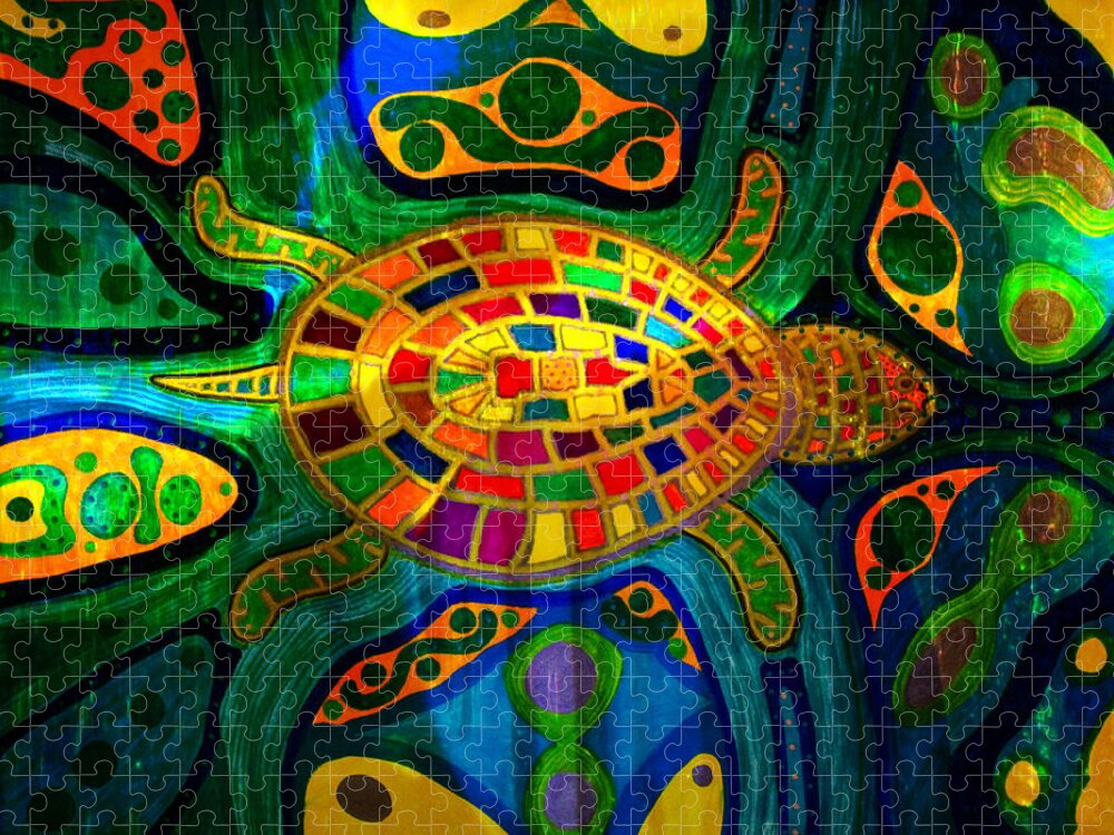Turtle Jigsaw Puzzle featuring the painting Sea Turtle - Abstract Ocean - Native Art by Marie Jamieson