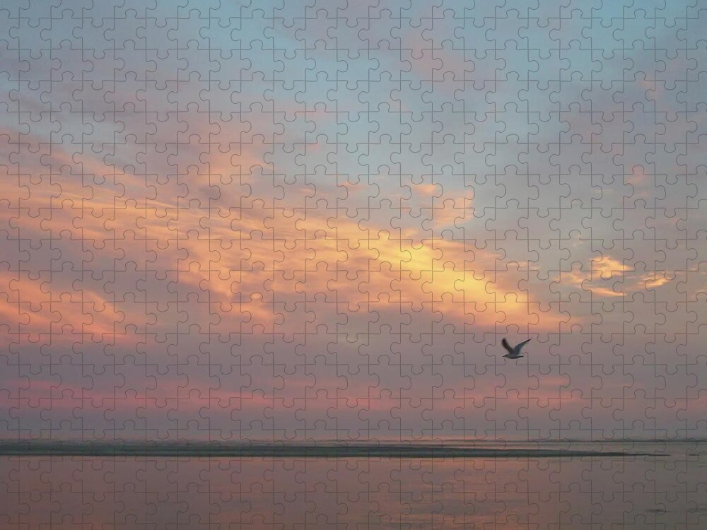 Tranquility Jigsaw Puzzle featuring the photograph Seagull In Flight At Sunset by Joseph Shields