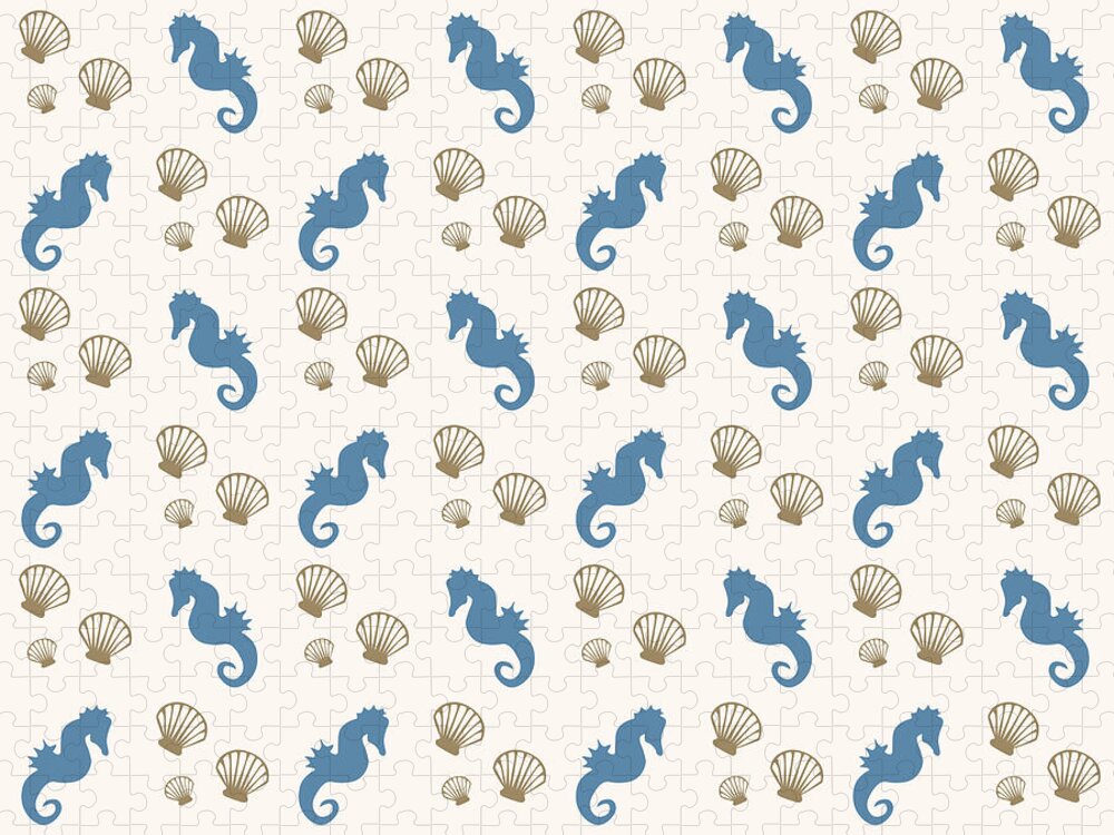 Seahorse Jigsaw Puzzle featuring the mixed media Seahorse and Shells Pattern by Christina Rollo