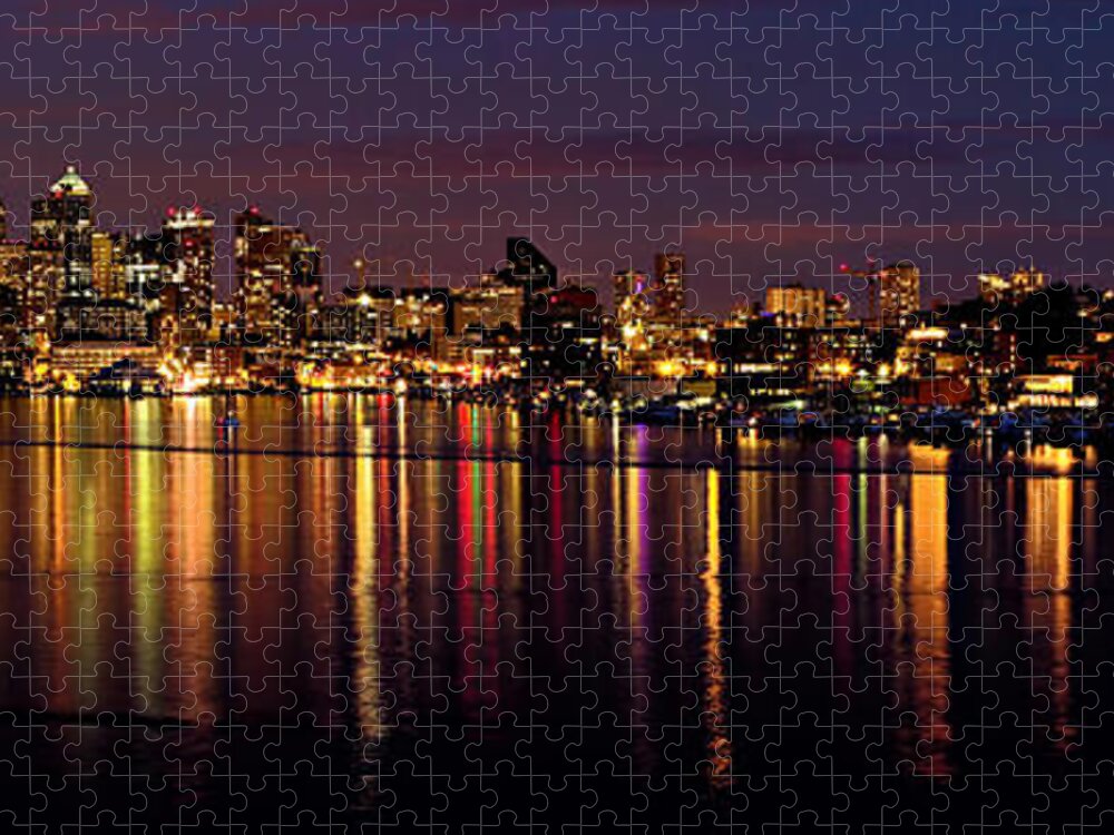 Reflection Jigsaw Puzzle featuring the photograph Seattle Night Reflections by Mary Jo Allen