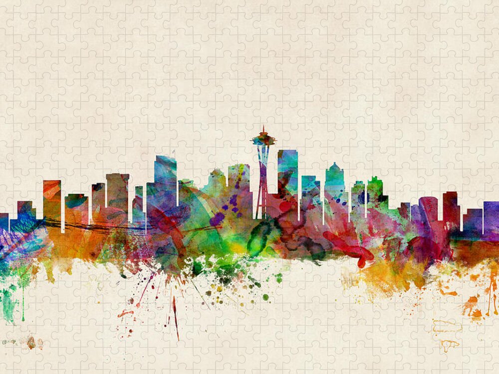 Watercolour Puzzle featuring the digital art Seattle Washington Skyline by Michael Tompsett
