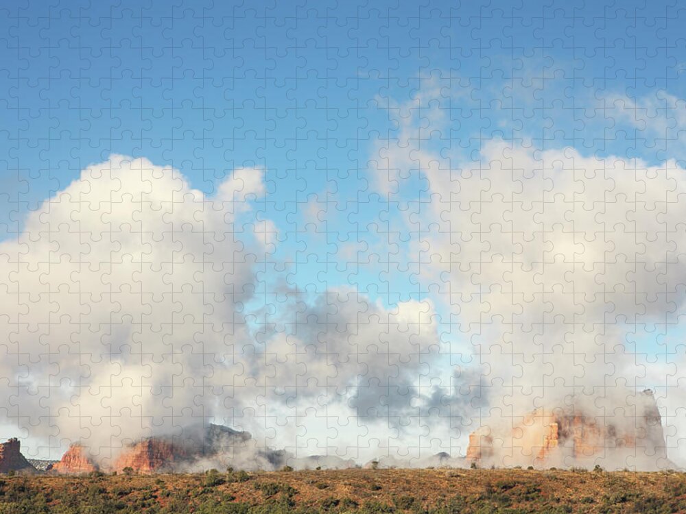 Scenics Jigsaw Puzzle featuring the photograph Sedona Sunrise Landscape Mist by Chuckschugphotography