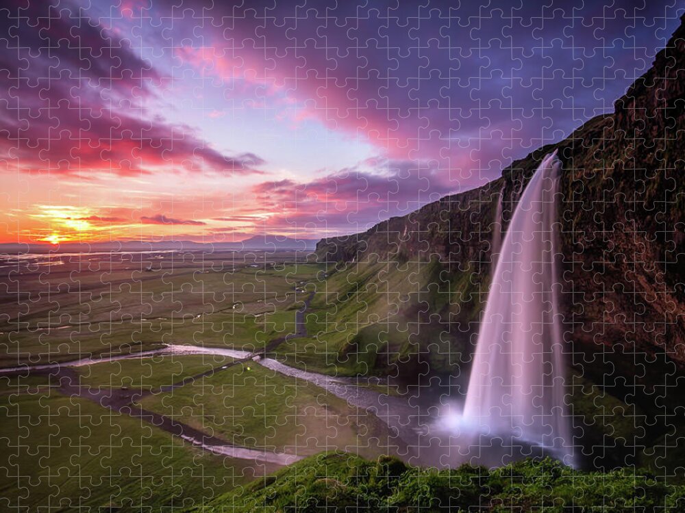 South Central Iceland Jigsaw Puzzle featuring the photograph Seljalandsfoss Waterfall Midnight Sunset by Sandro Bisaro