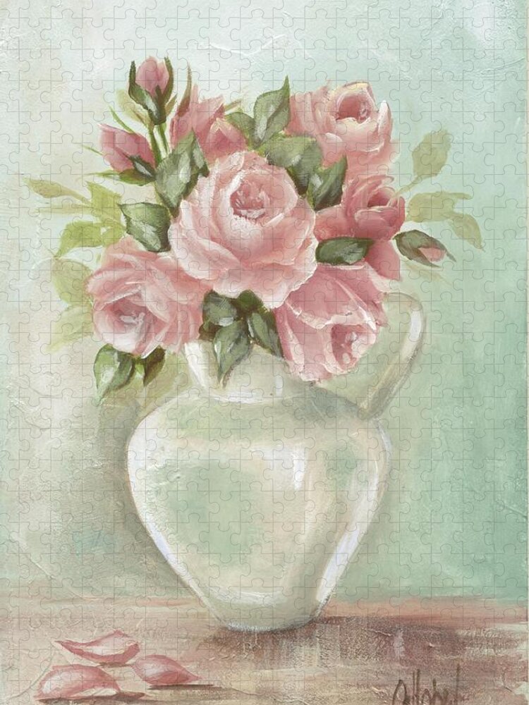 Pink Flowers Jigsaw Puzzle featuring the painting Shabby Chic Pink Roses Painting on Aqua Background by Chris Hobel
