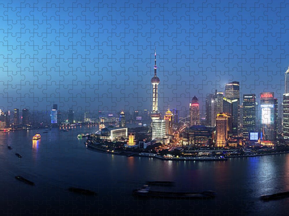 Panoramic Jigsaw Puzzle featuring the photograph Shanghai Huangpu River With Pudong by Spreephoto.de